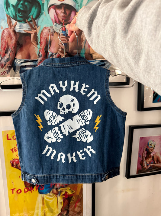 One off kids denim “cut” jacket mayhem maker