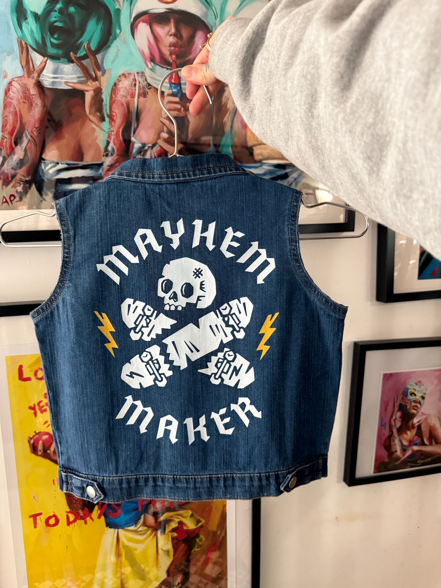 One off kids denim “cut” jacket mayhem maker