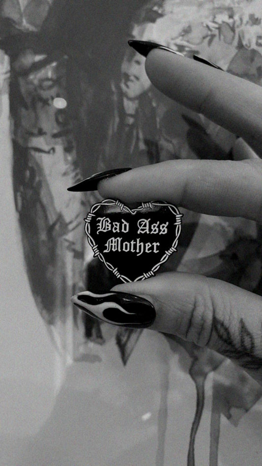 Badass Mother Barbwire Heart Pin Badge.